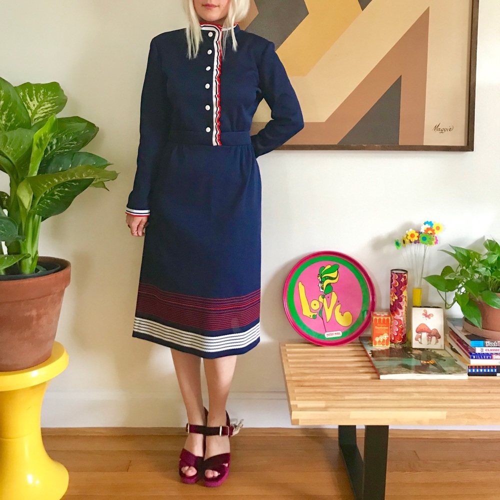 Vintage 70s mod striped long sleeve knit dress ML